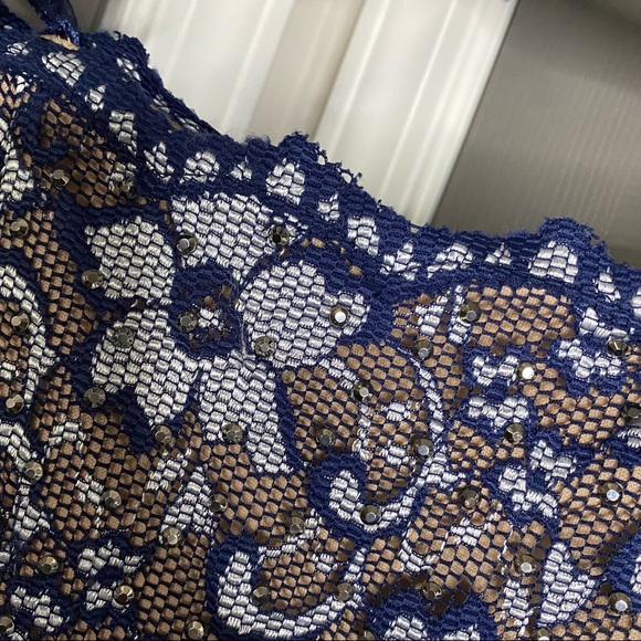 🥂🍾 Xscape New Sparkle / Lace Overlay Formal Dress Navy White Silver 6 - Picture 10 of 17